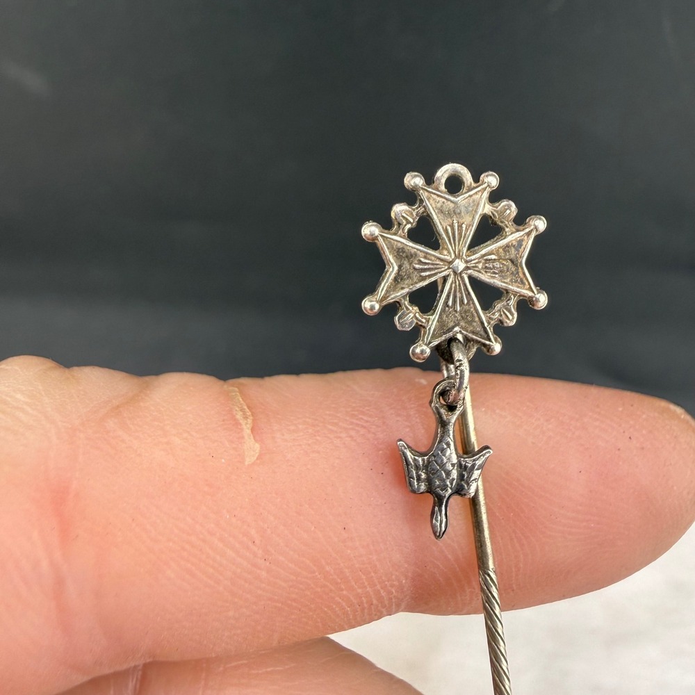 Vintage Cross Stick Pin Silver Tone Dangle Bird Charm Religious